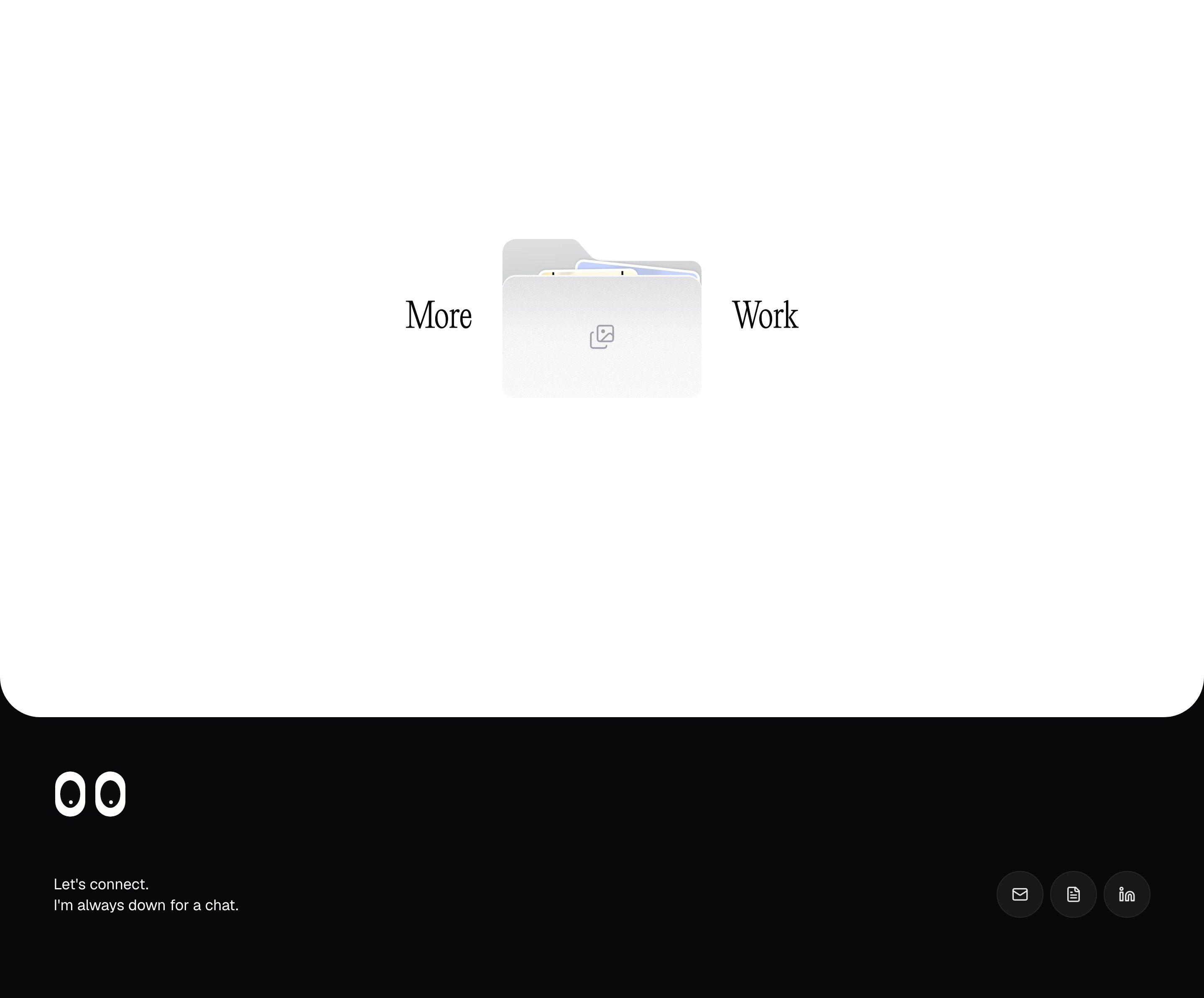 Ultra-minimal portfolio footer featuring a playful folder illustration between airy serif headings, transitioning smoothly into a dark contact bar.