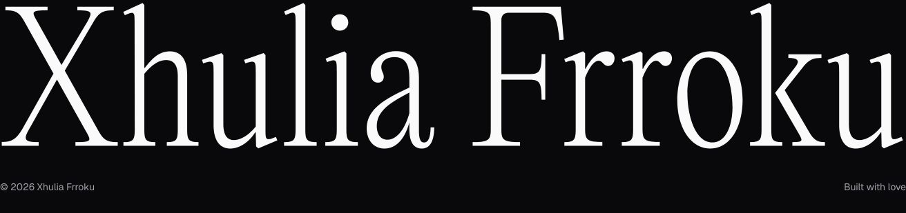 Dramatic dark footer dominated by a massive, high-contrast serif nameplate with quiet credit details anchored beneath.