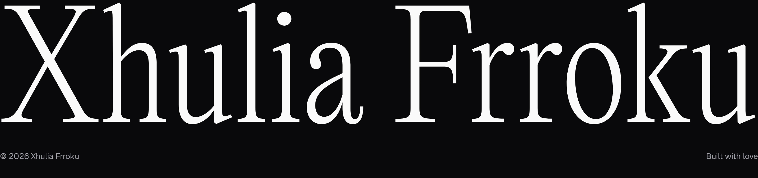 Dramatic dark footer dominated by a massive, high-contrast serif nameplate with quiet credit details anchored beneath.