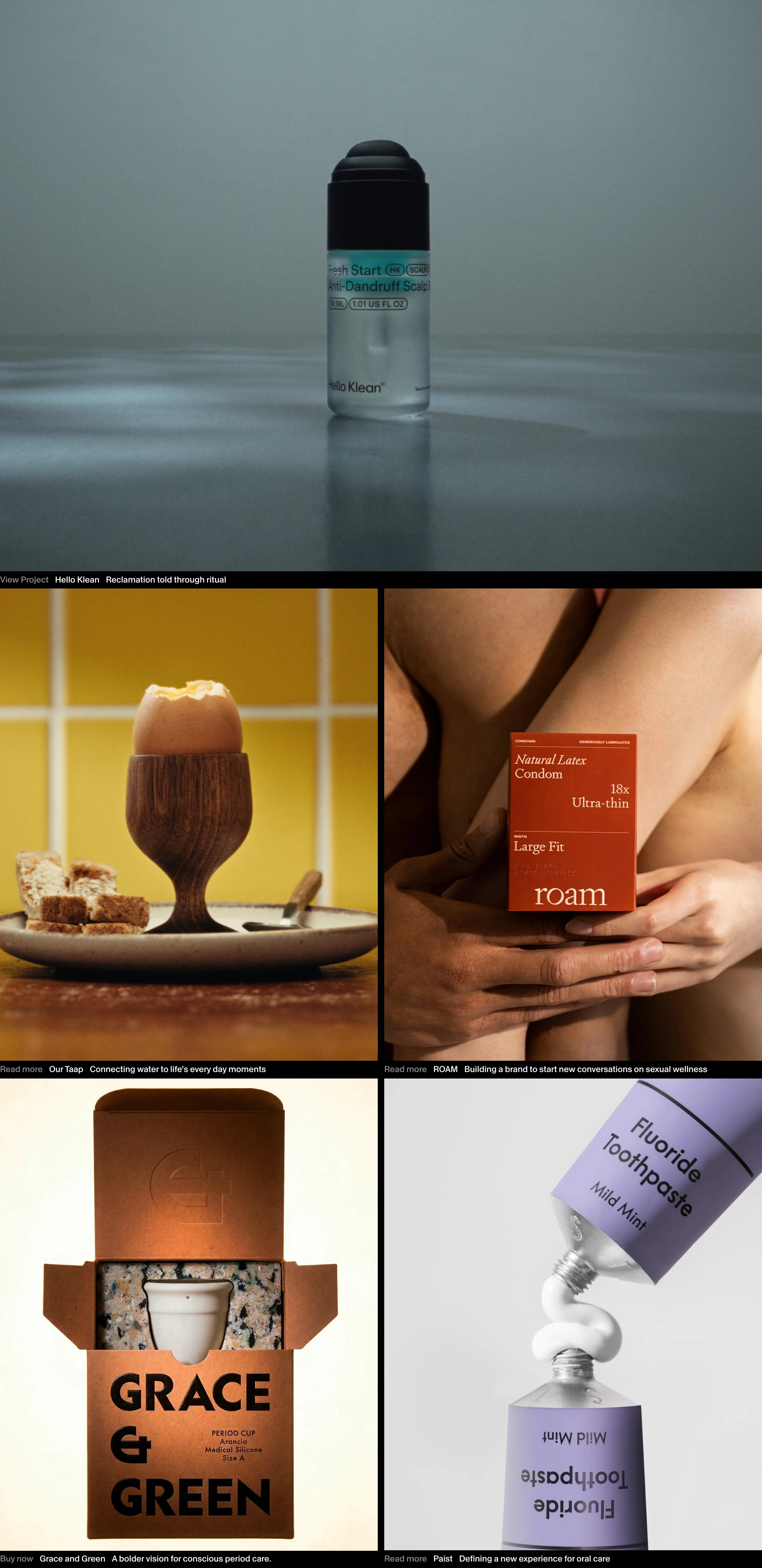 A quiet, editorial portfolio grid pairing tactile product photography with understated micro-captions against a stark black backdrop.