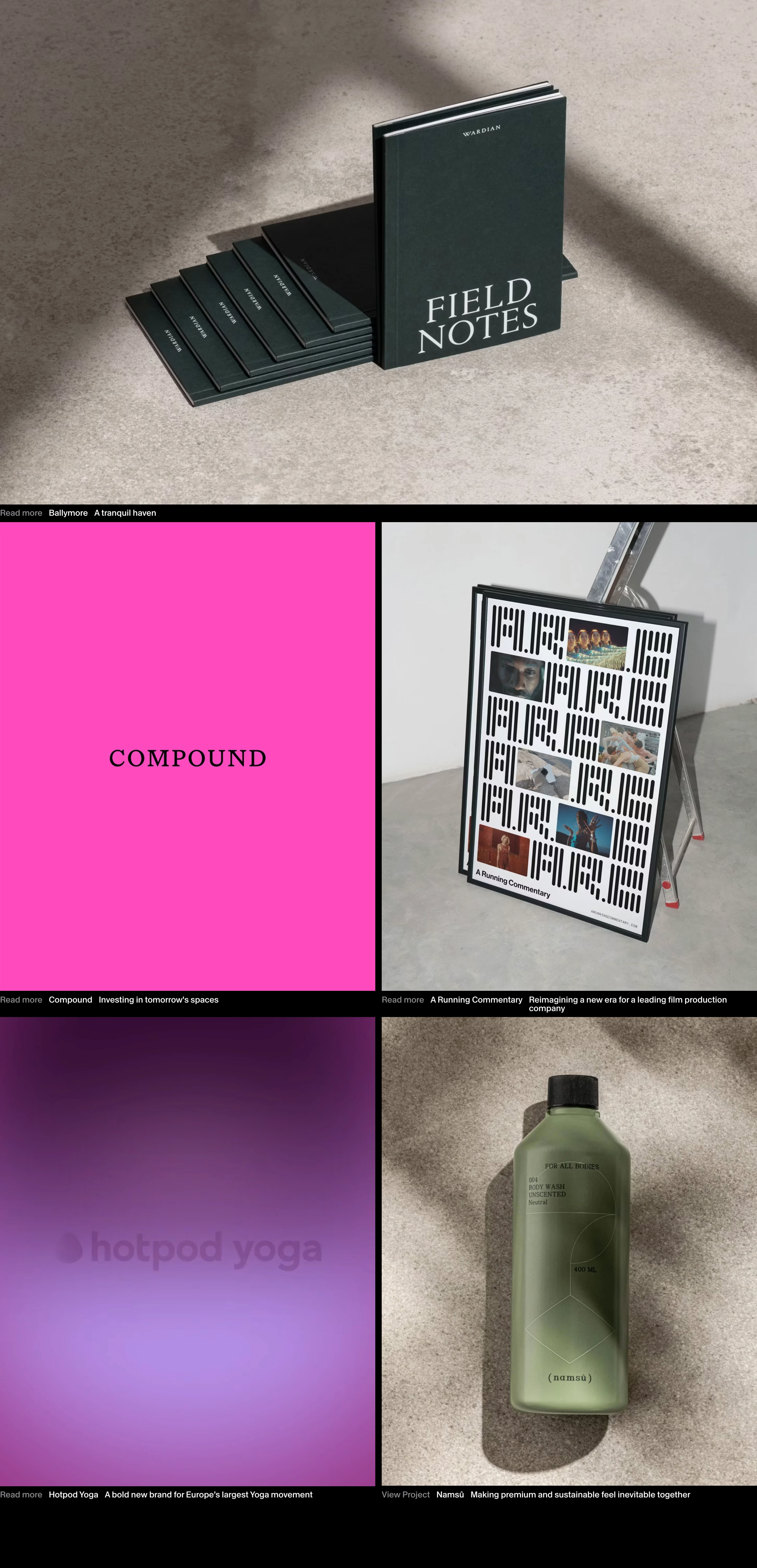 Disciplined high-end design agency showcase pairing tactile editorial case study visuals with stark black caption bands.