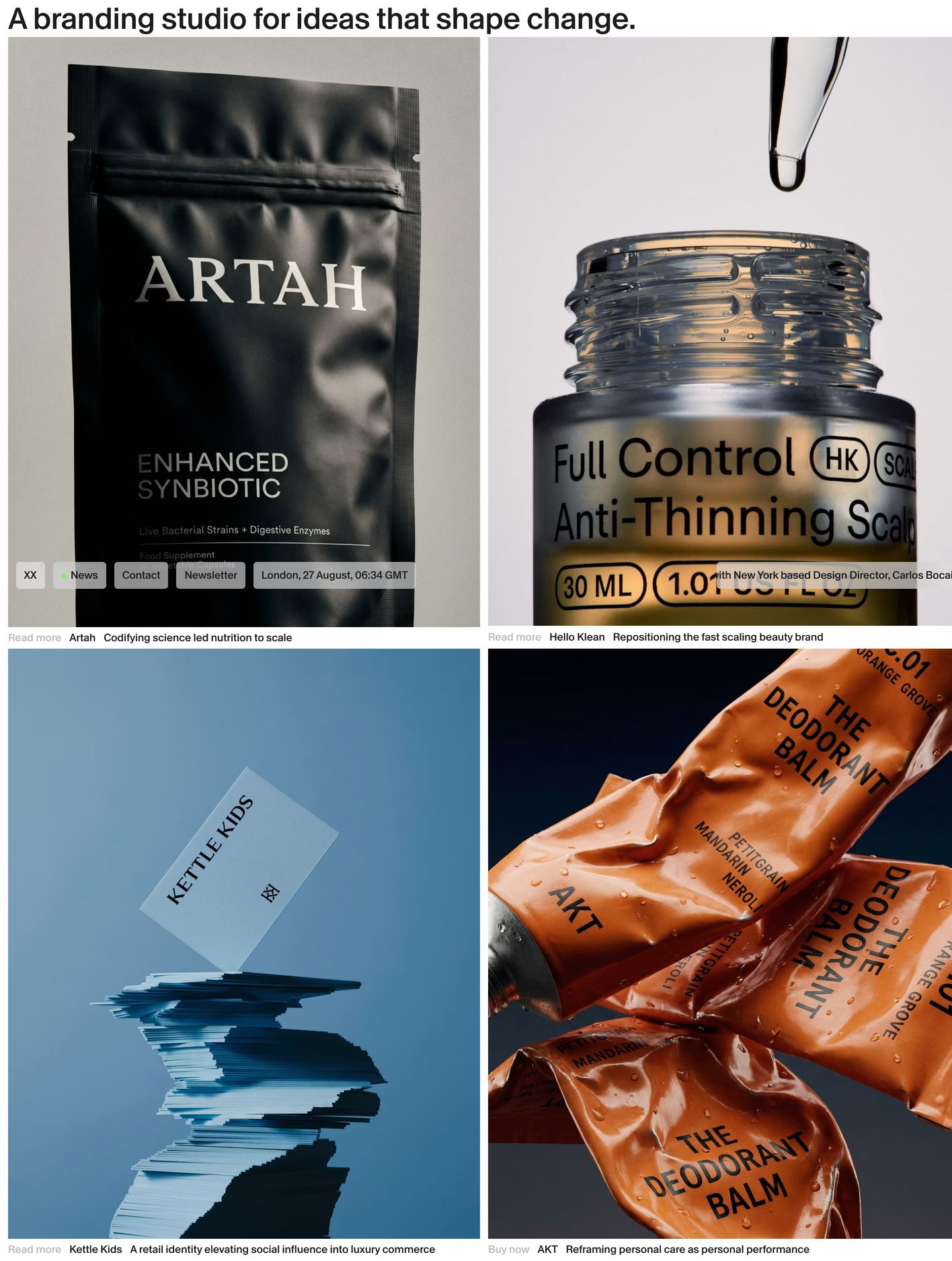 High-end editorial studio showcase pairing a clean top statement with a disciplined two-column grid of rich, tactile packaging photography.