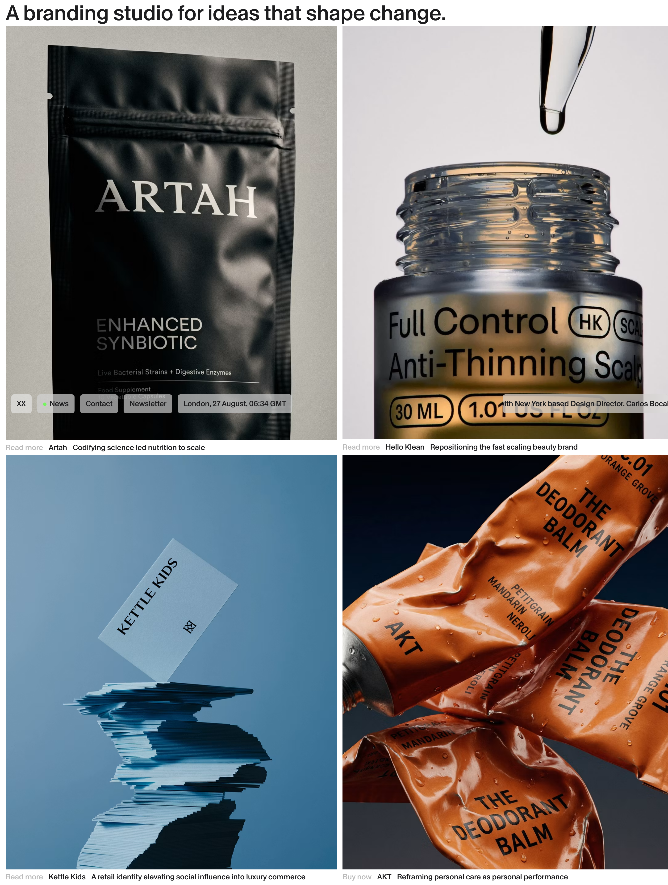 High-end editorial studio showcase pairing a clean top statement with a disciplined two-column grid of rich, tactile packaging photography.
