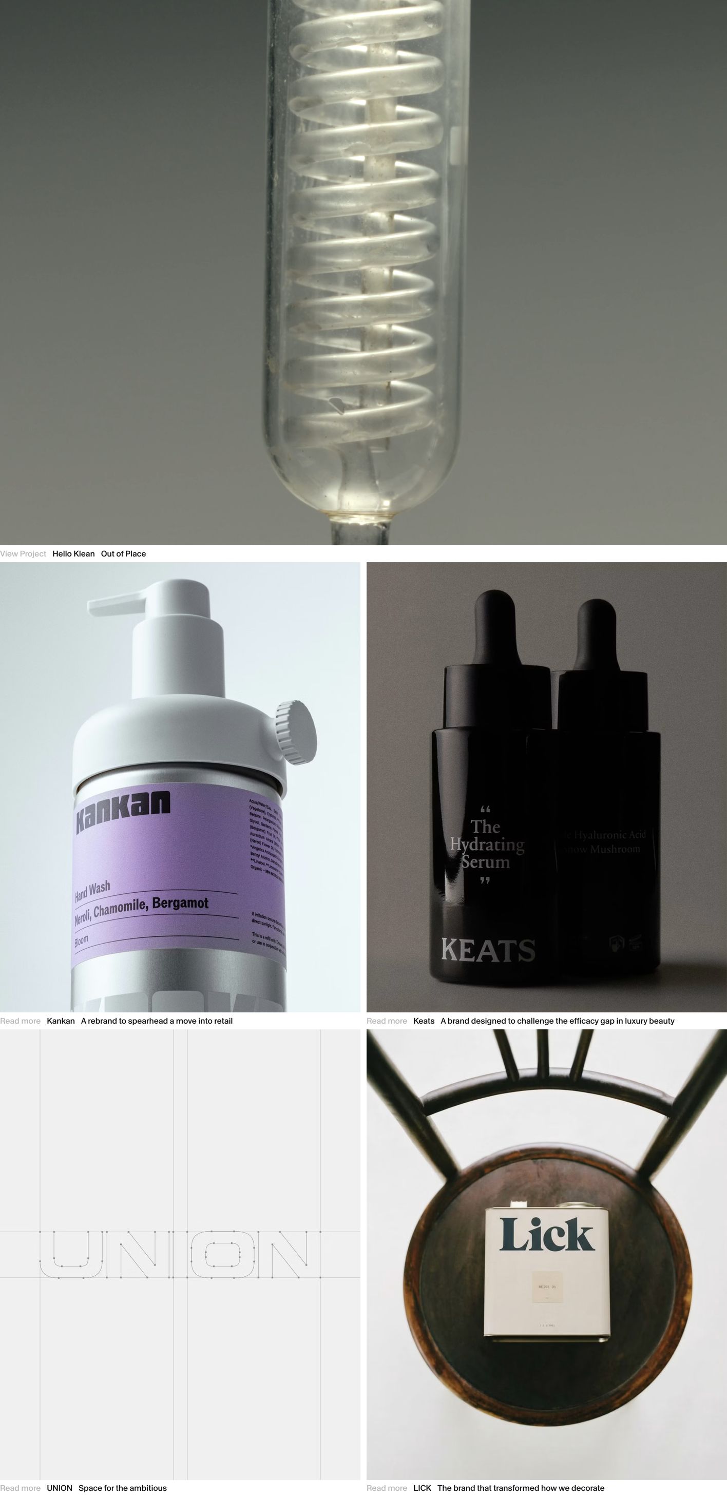 A refined studio showcase grid featuring full-bleed product photography and quiet, structured typographic captions.