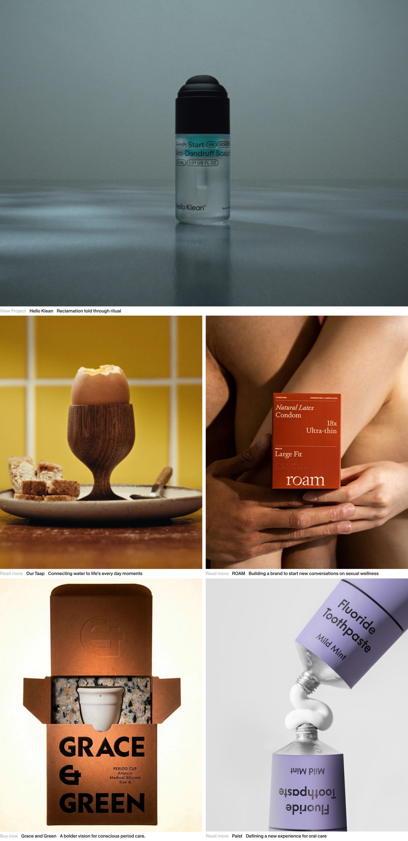 Quiet editorial showcase pairing tactile, high-production studio photography with minimal one-line project captions.
