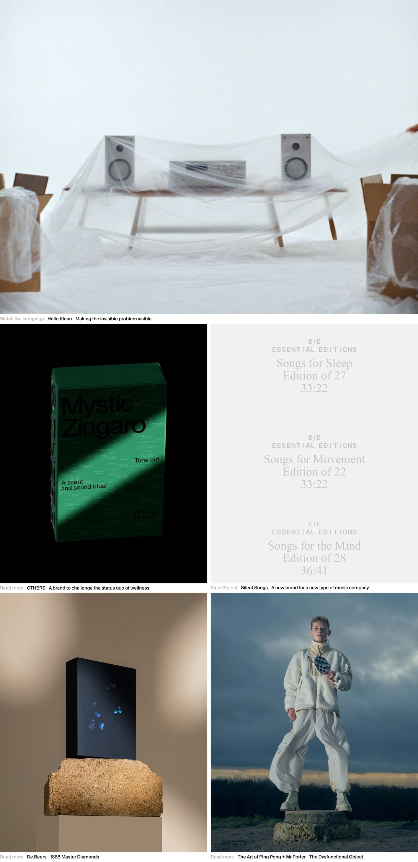 An ultra-minimal editorial portfolio grid displaying high-concept art direction and understated micro-typography captions below expansive imagery.