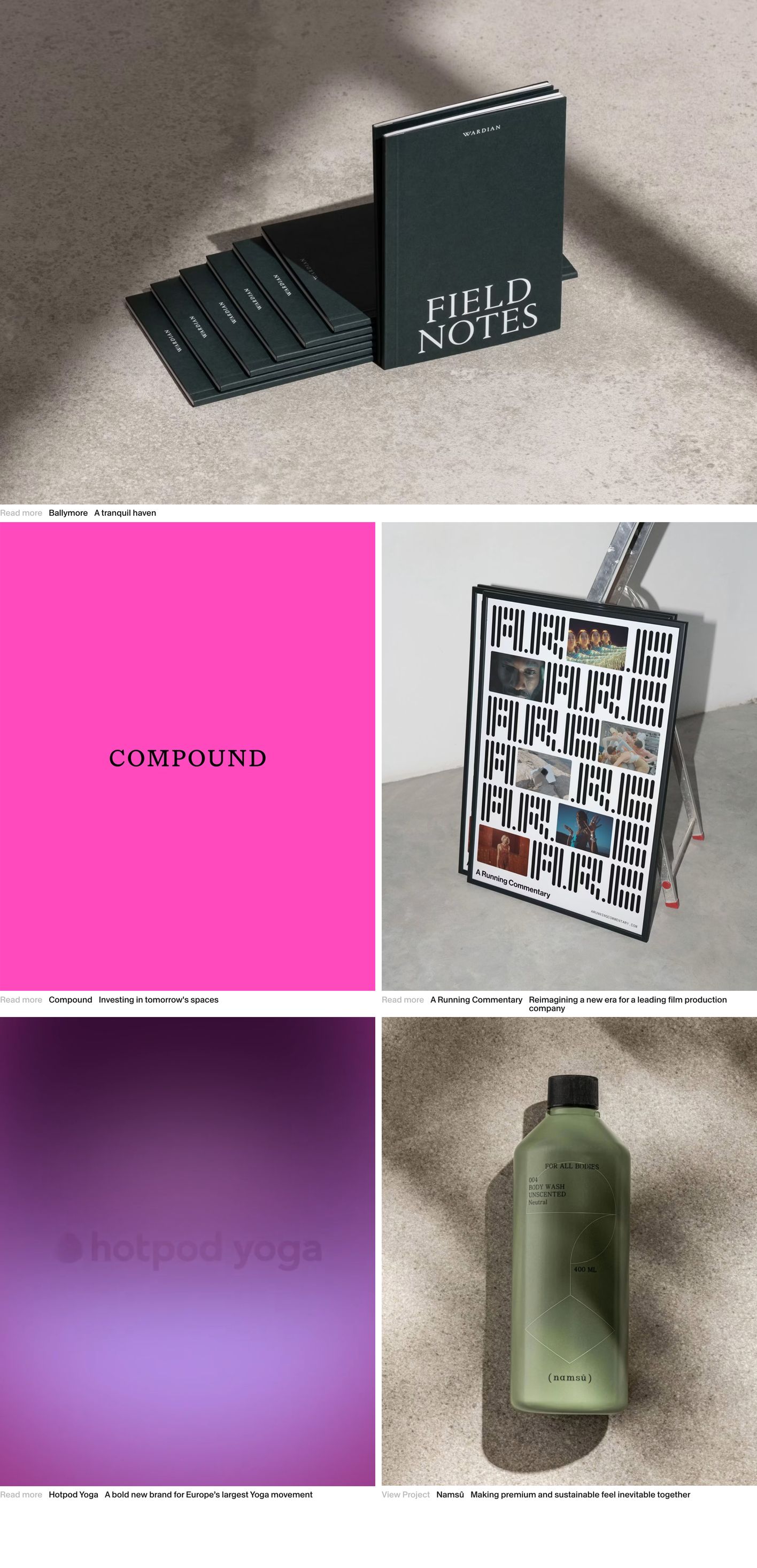 A refined studio portfolio grid showcasing varied brand identity case studies through tactile photography, bold color blocks, and understated captions.