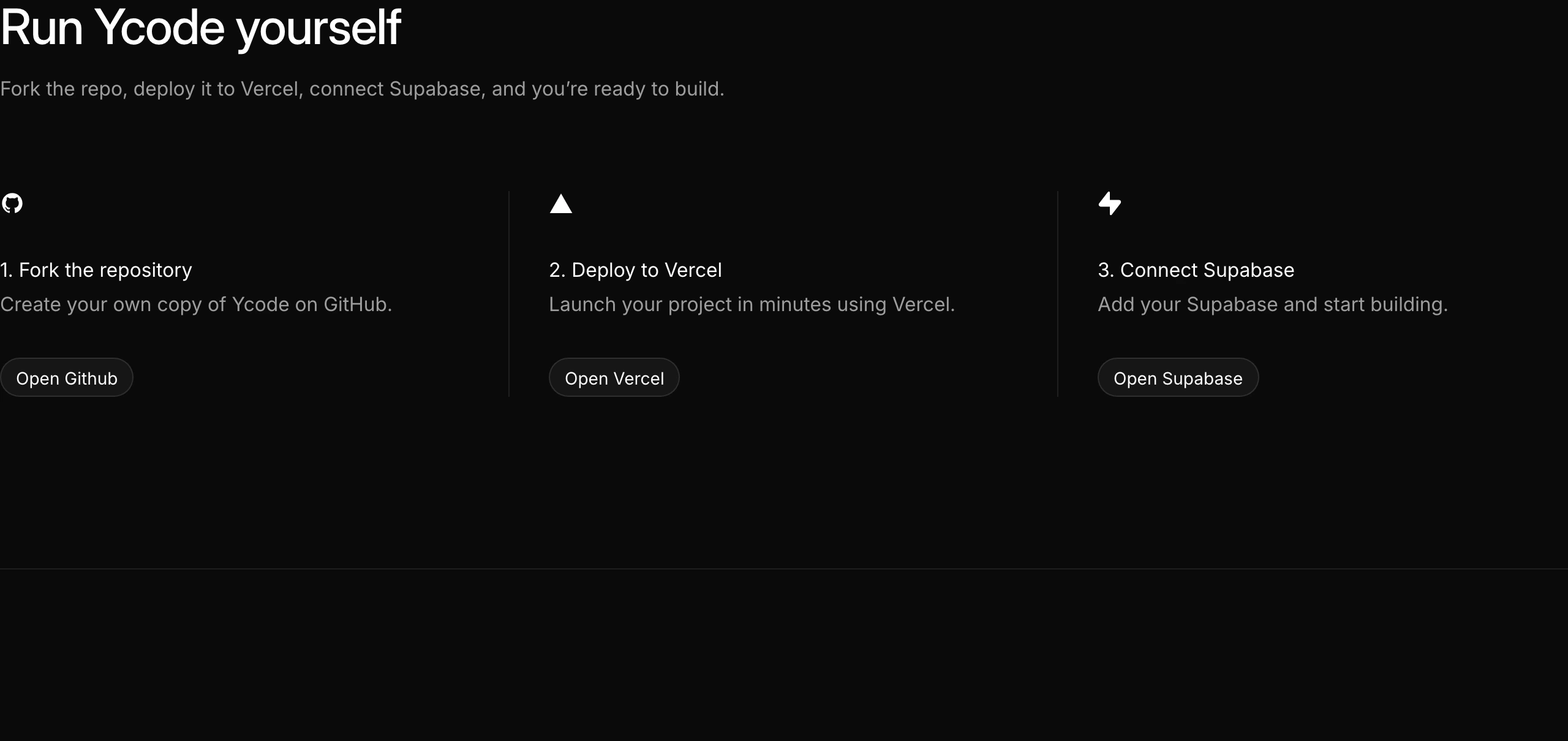 Minimal dark developer onboarding section presenting a three-step self-hosting setup with simple icons and pill buttons.