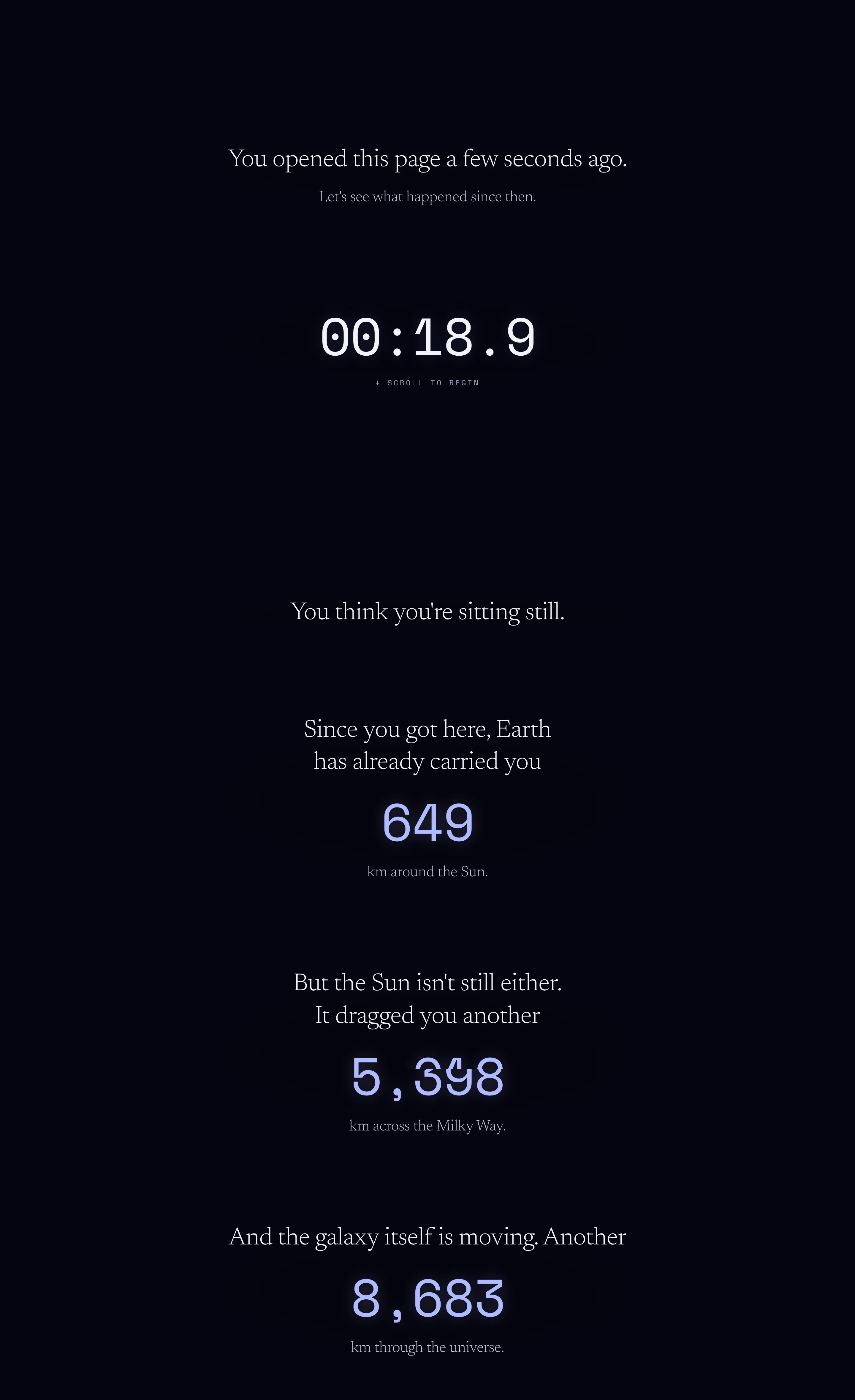 An existential, quiet dark scrollytelling section tracking real-time cosmic motion with glowing counters and elegant serif narrative prose.