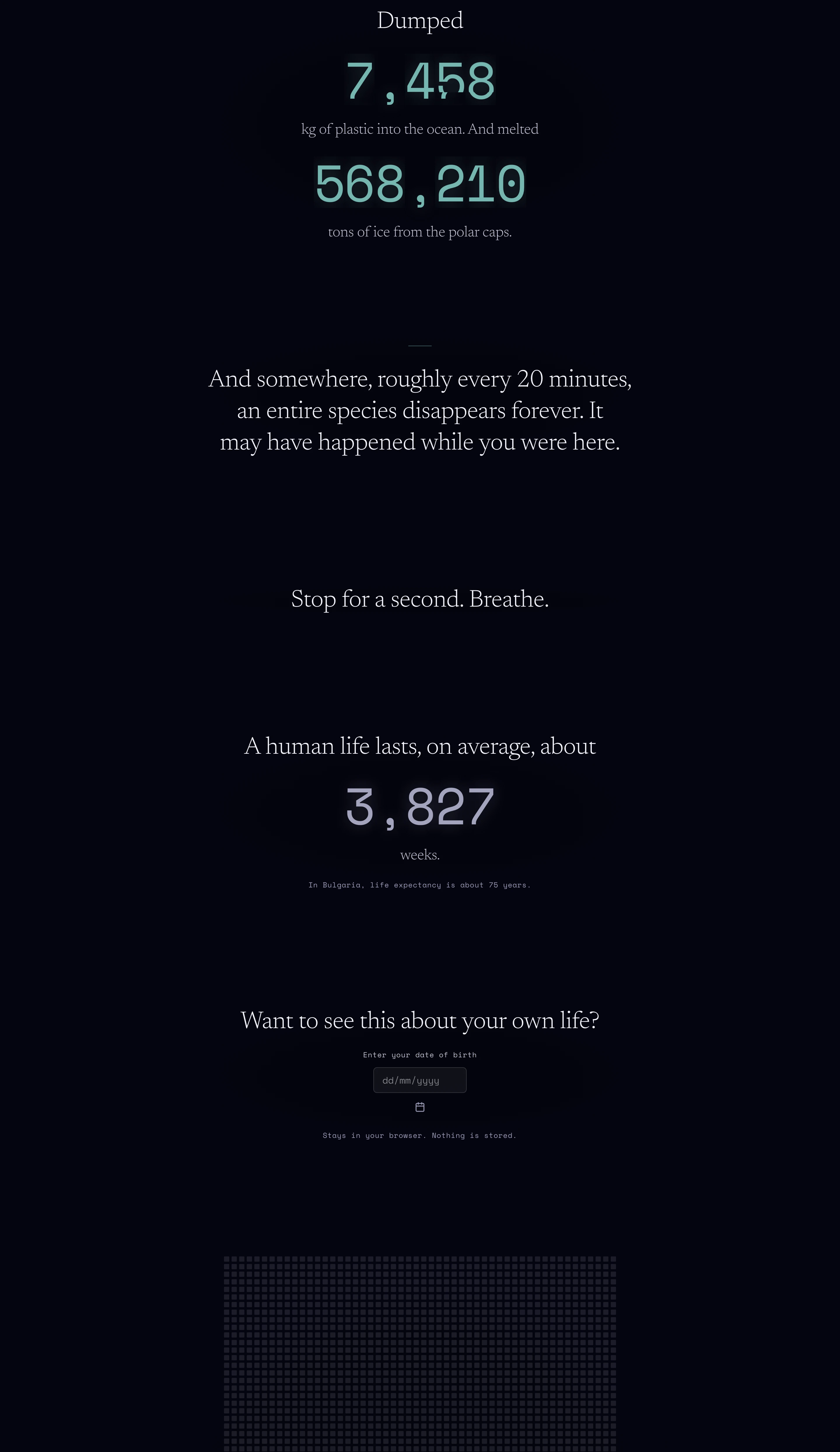 A sombre, contemplative dark section pacing out global metrics and human mortality through luminous figures and thoughtful typography.