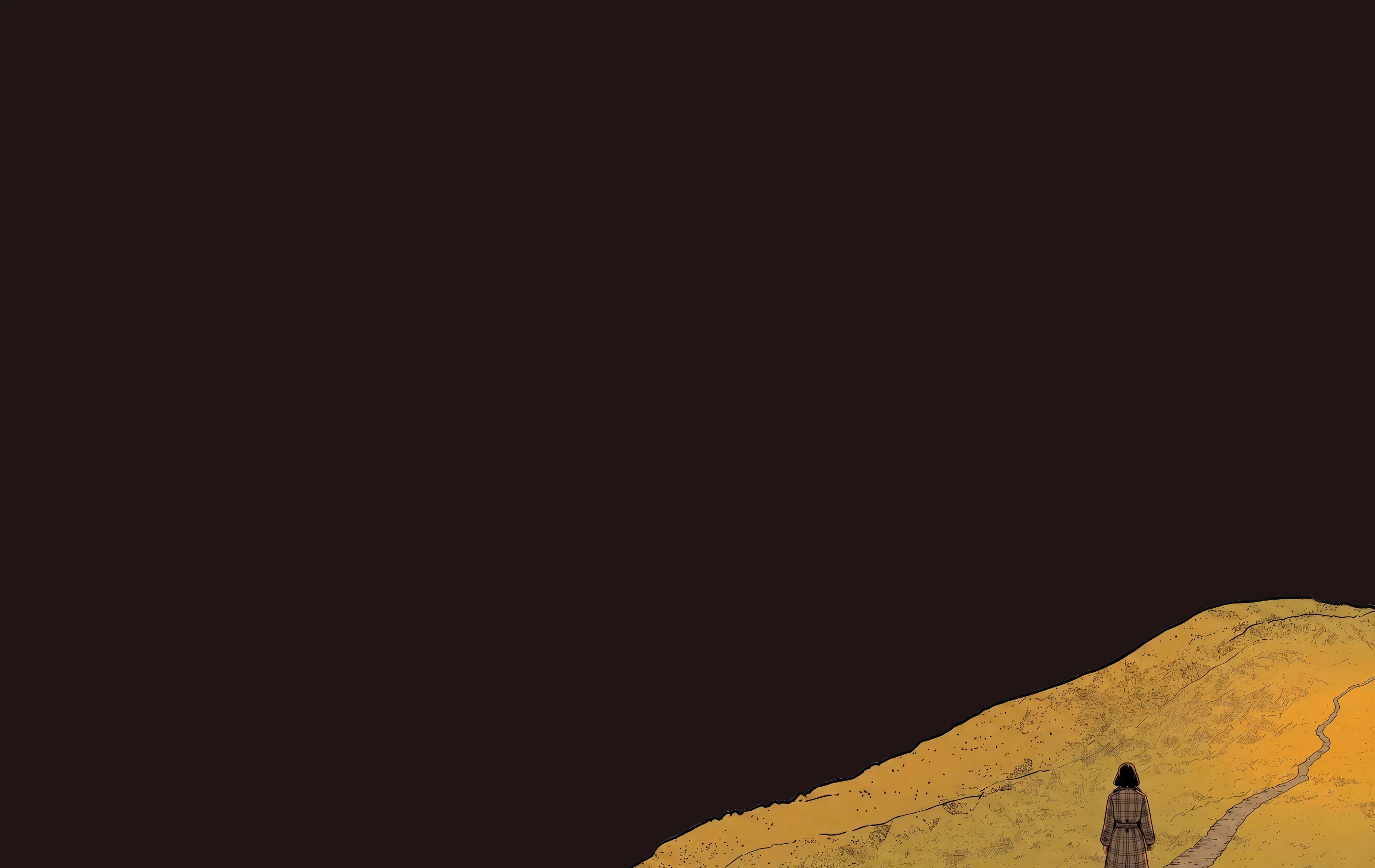 A vast, dark expanse hangs quietly over an illustrated golden hillside where a solitary figure walks along a winding path.