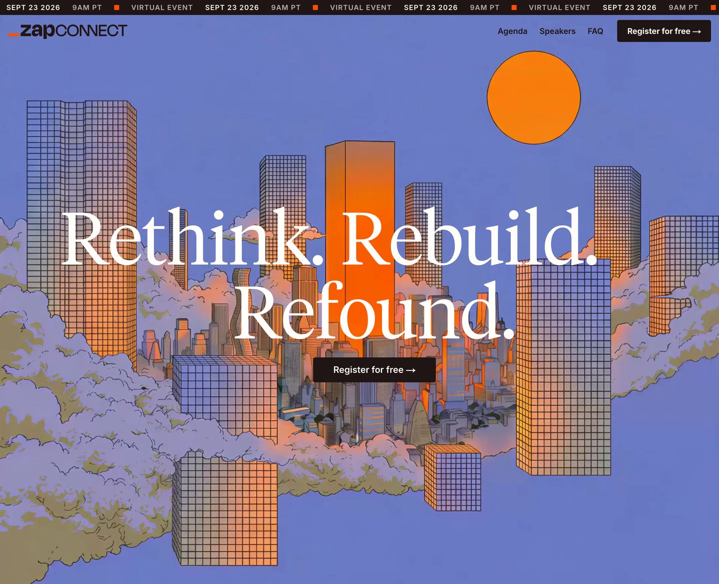 Surreal illustrated cityscape floating in clouds beneath a glowing sunset, framed by elegant display serif typography.