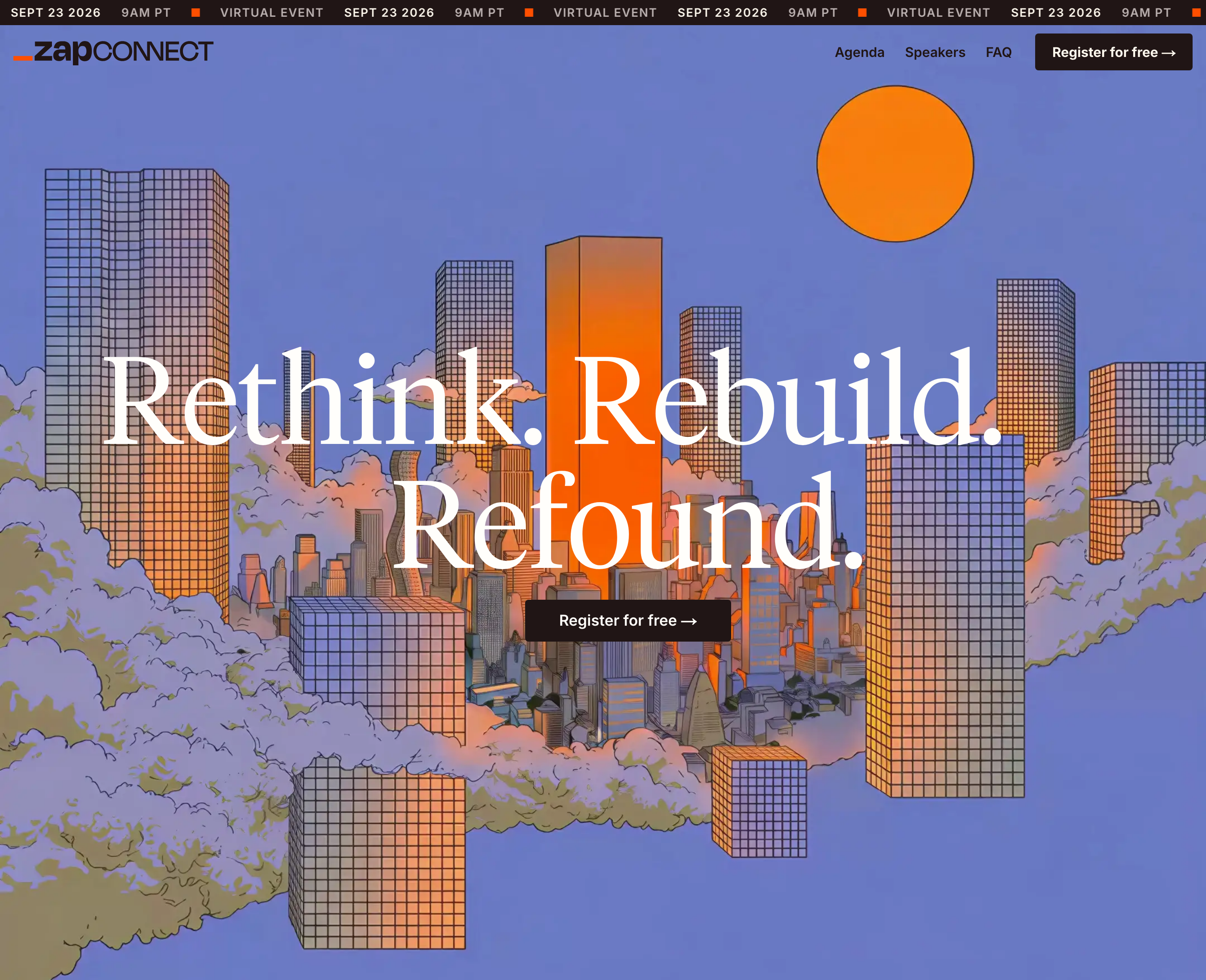 Surreal illustrated cityscape floating in clouds beneath a glowing sunset, framed by elegant display serif typography.