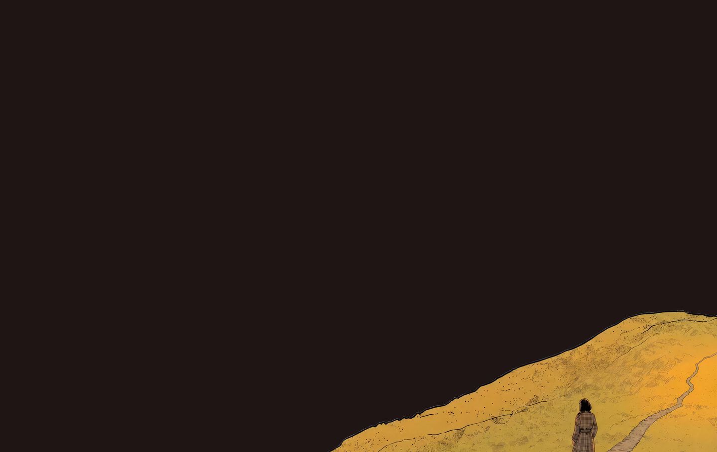 Vast, dark emptiness envelopes a solitary illustrated figure ascending a warm golden hill in poetic isolation.