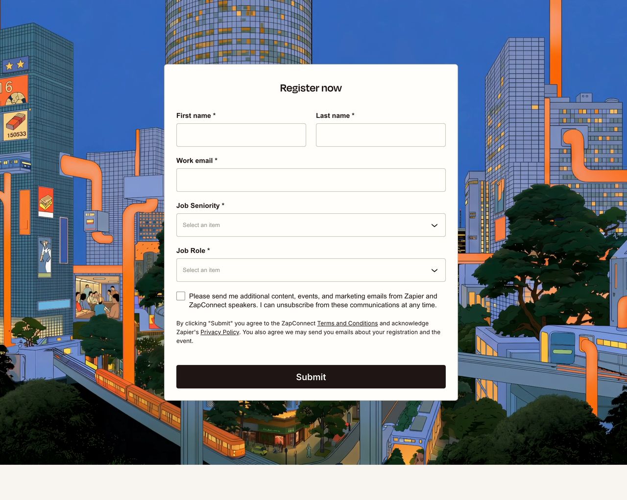 A crisp white registration form floats serenely over an intricate, warmly colored comic-style urban landscape.