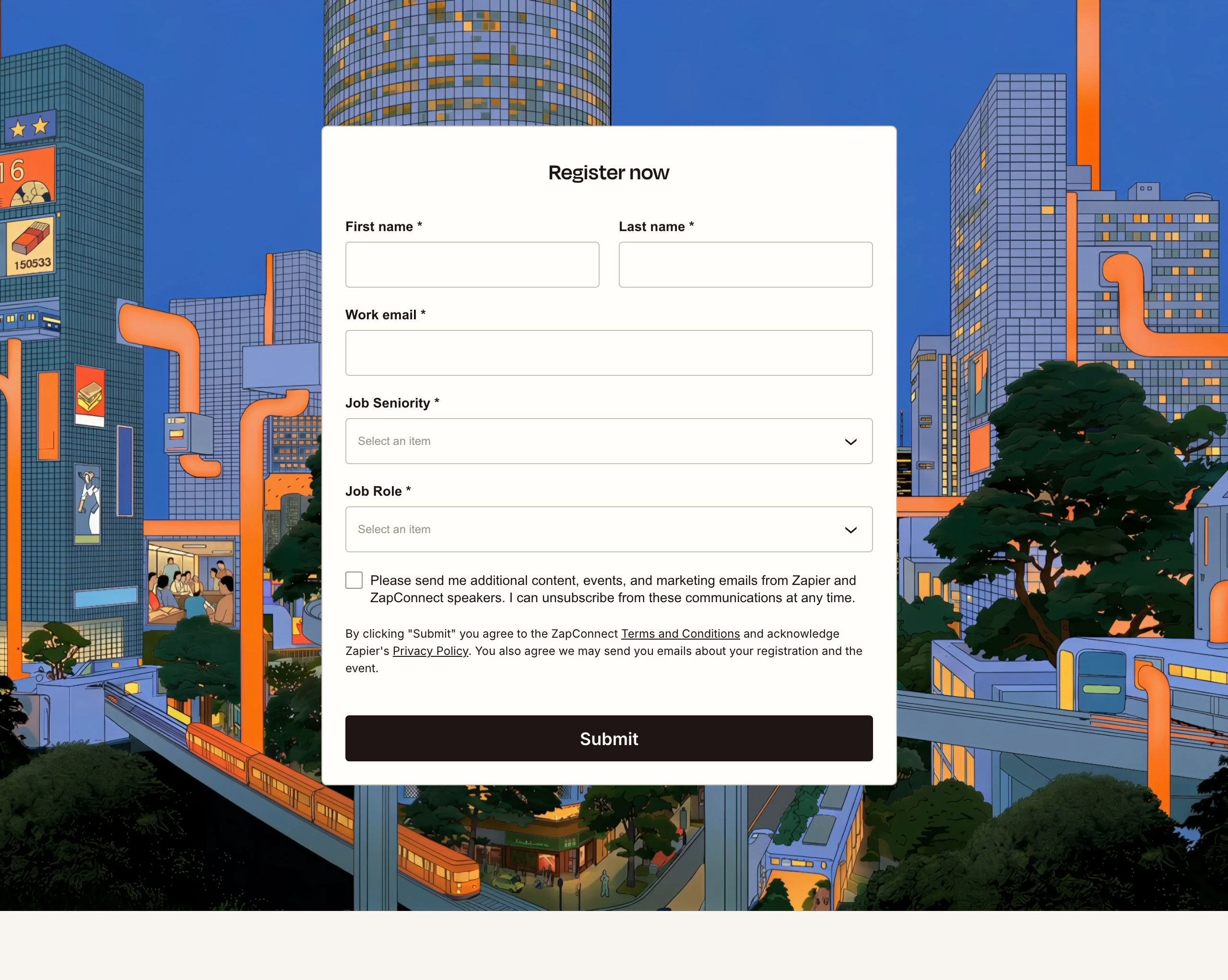 A crisp white registration form floats serenely over an intricate, warmly colored comic-style urban landscape.