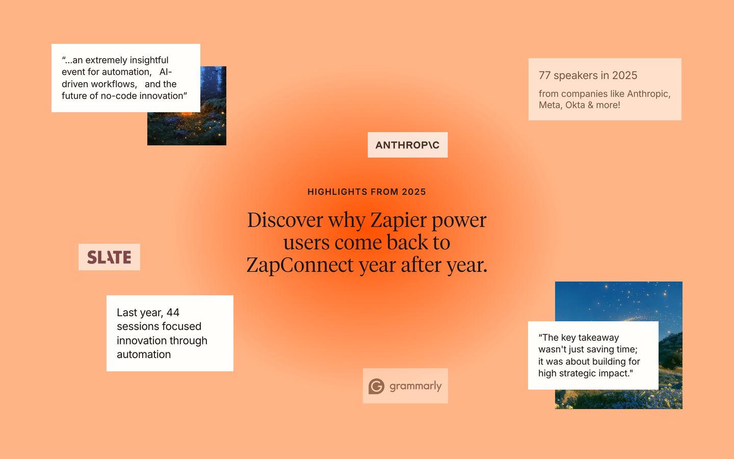 A warm peach canvas with a soft radial glow anchors floating testimonial cards, logos, and dreamy imagery around an elegant serif headline.