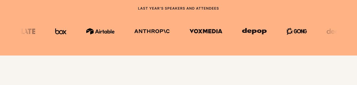 A warm peach-tinted logo ticker displaying past conference speakers and attendees with soft horizontal fade edges.