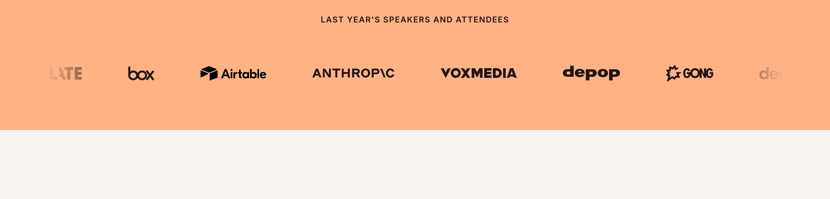 A warm peach-tinted logo ticker displaying past conference speakers and attendees with soft horizontal fade edges.