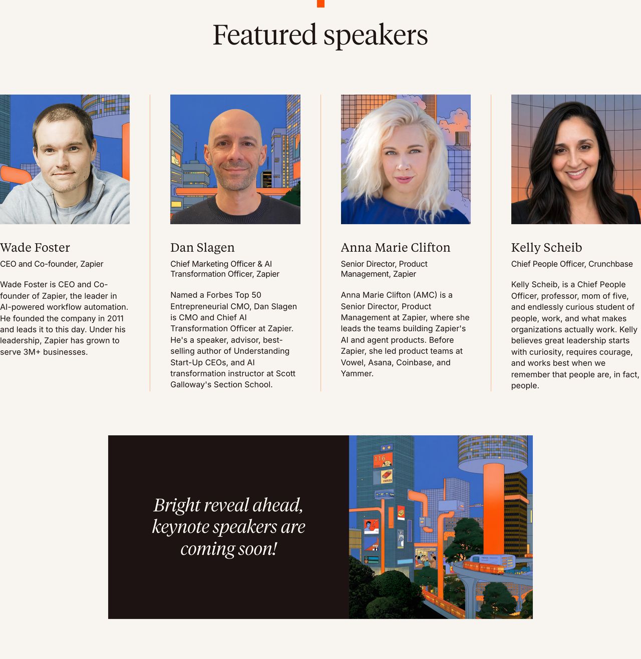 A warm, editorial speaker lineup pairing headshots over illustrated backdrops with elegant serif typography and delicate column rules.