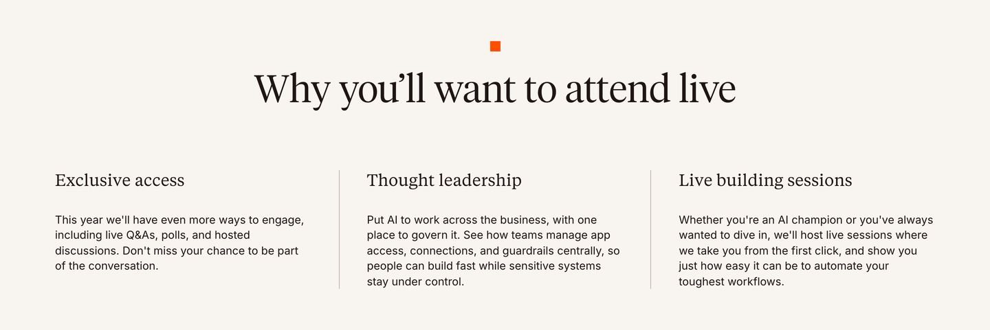 Restrained, text-only editorial feature section presenting three key event benefits on a warm neutral background.
