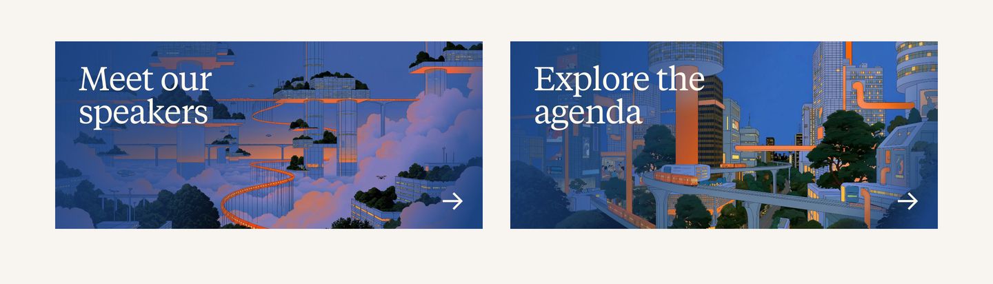 Two rich, illustrated banner cards invite exploration into a dreamy retrofuturistic world with elegant editorial serif typography.