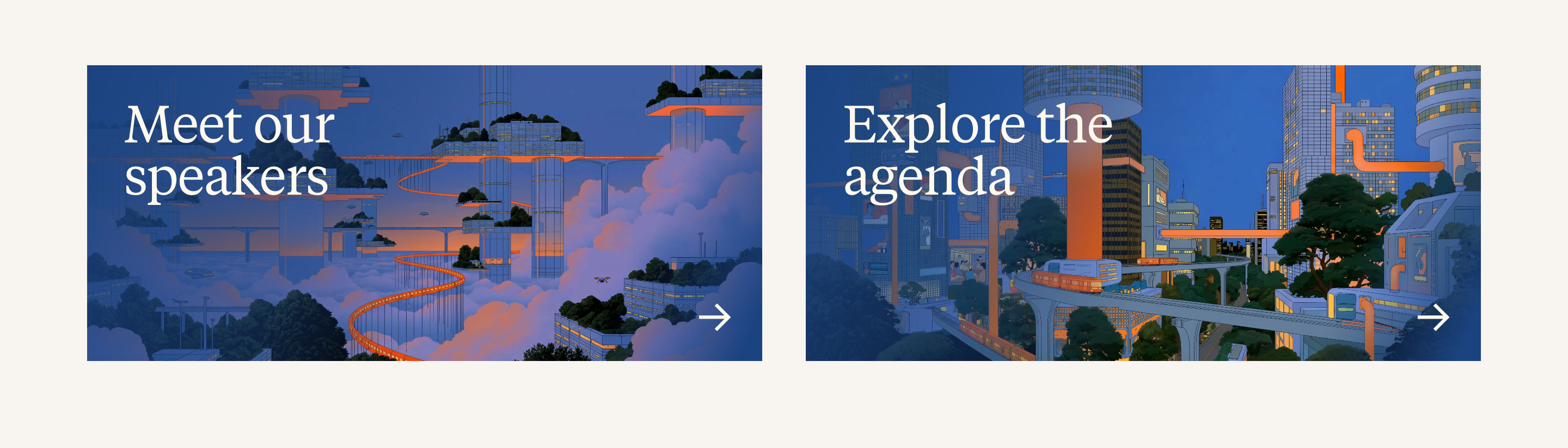Two rich, illustrated banner cards invite exploration into a dreamy retrofuturistic world with elegant editorial serif typography.