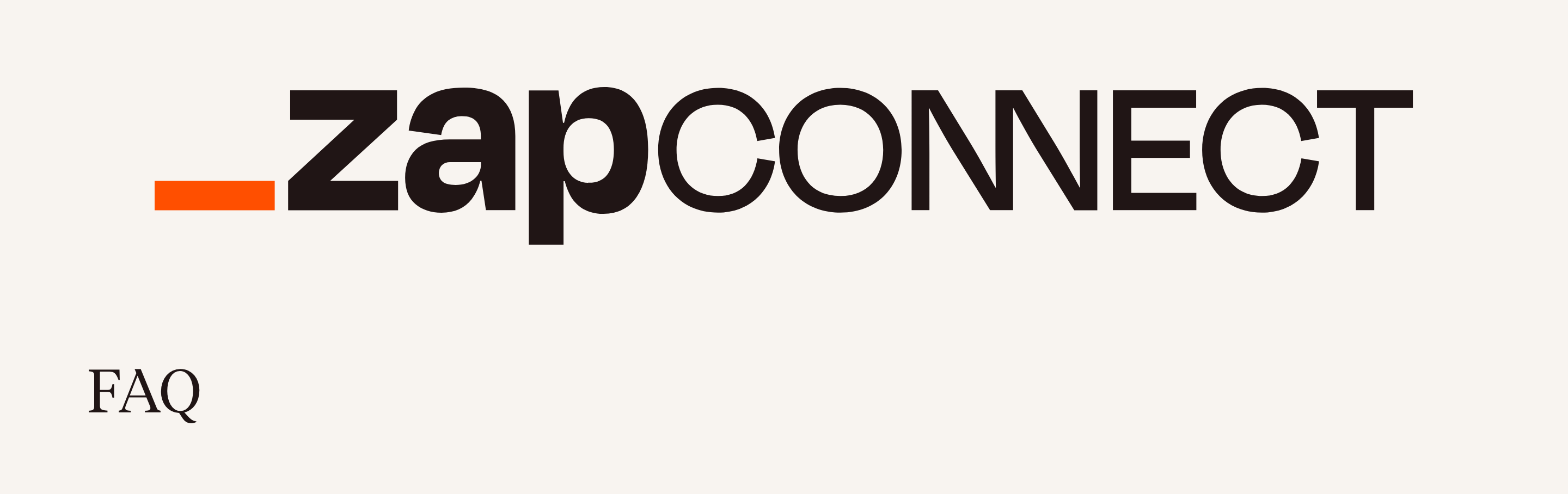 A sparse, confident section header pairing a massive graphic brand wordmark with a delicate serif FAQ label across warm negative space.