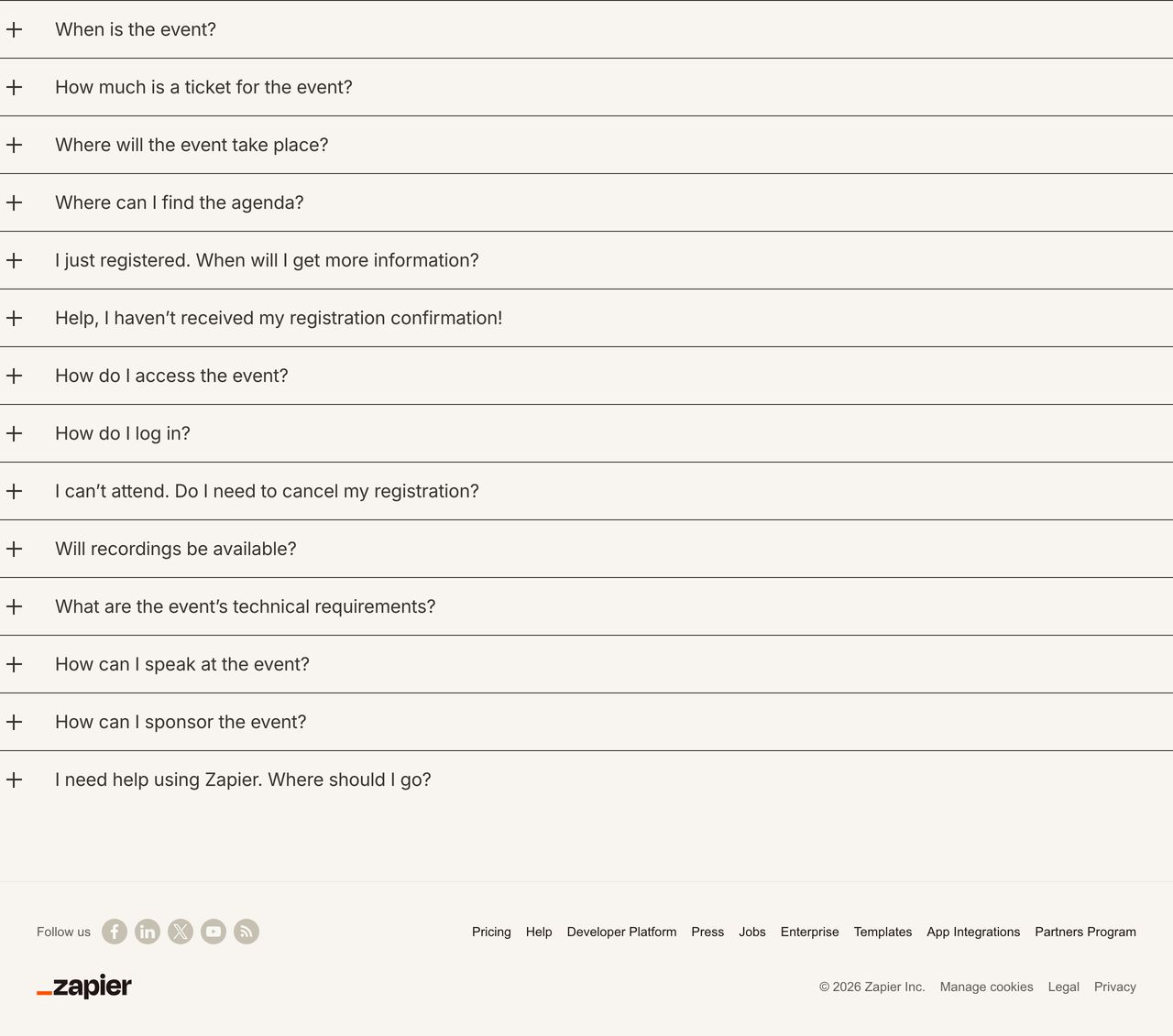 An ultra-clean, minimalist accordion FAQ stacked linearly over a warm cream canvas.