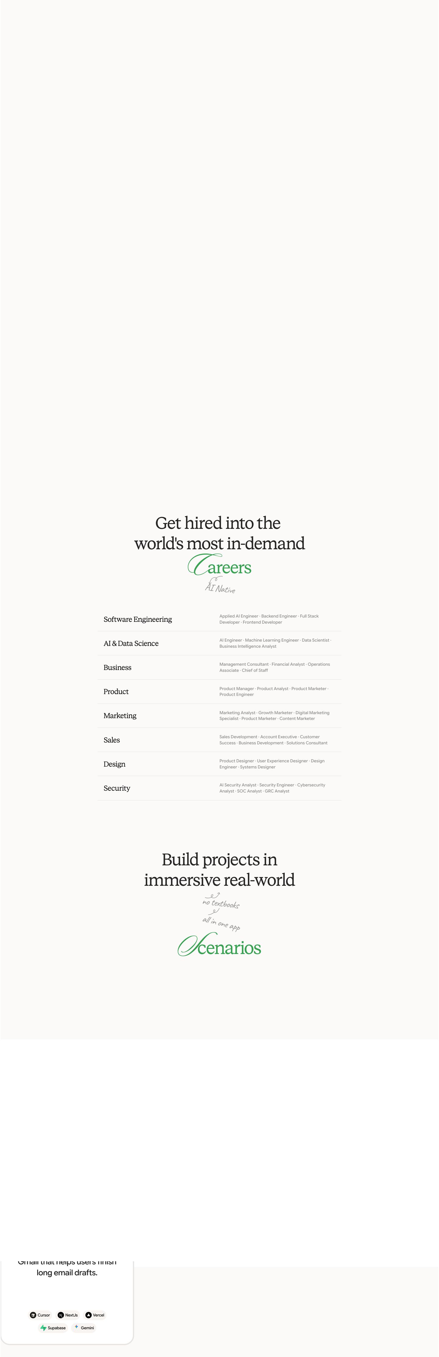 Airy editorial career directory with elegant serif display type and green script annotations.