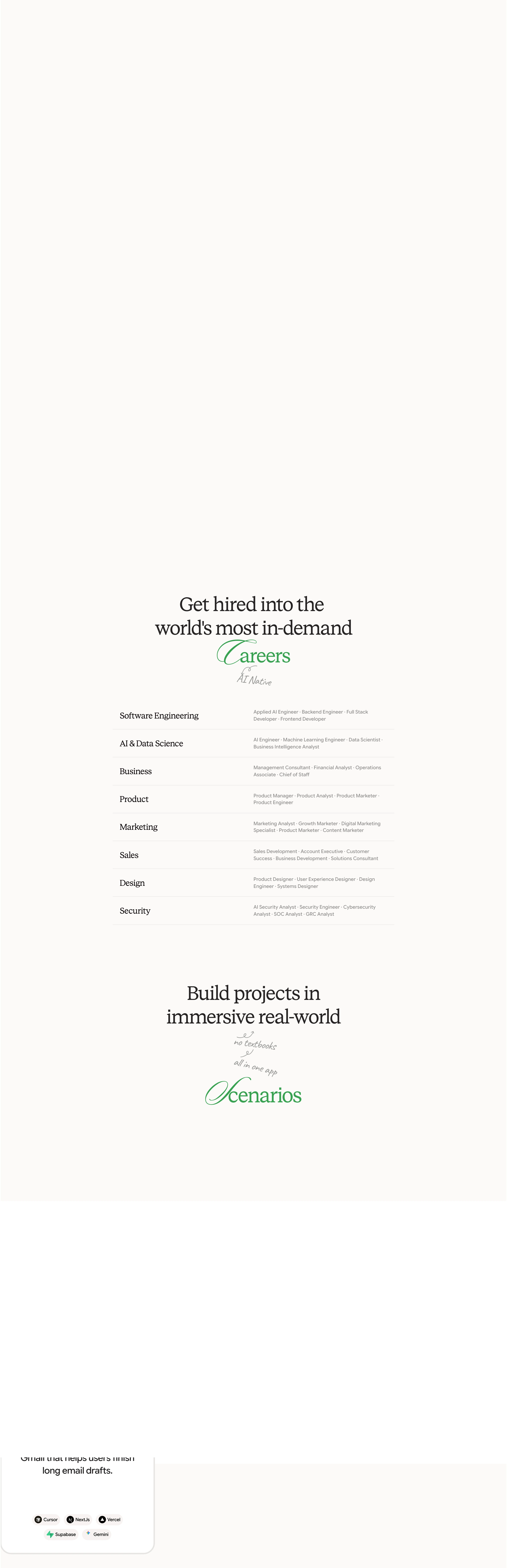Airy editorial career directory with elegant serif display type and green script annotations.