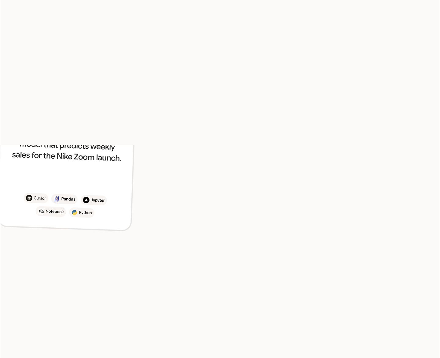 Sparse, airy composition dominated by negative white space with a single rounded card previewing data science tool tags.