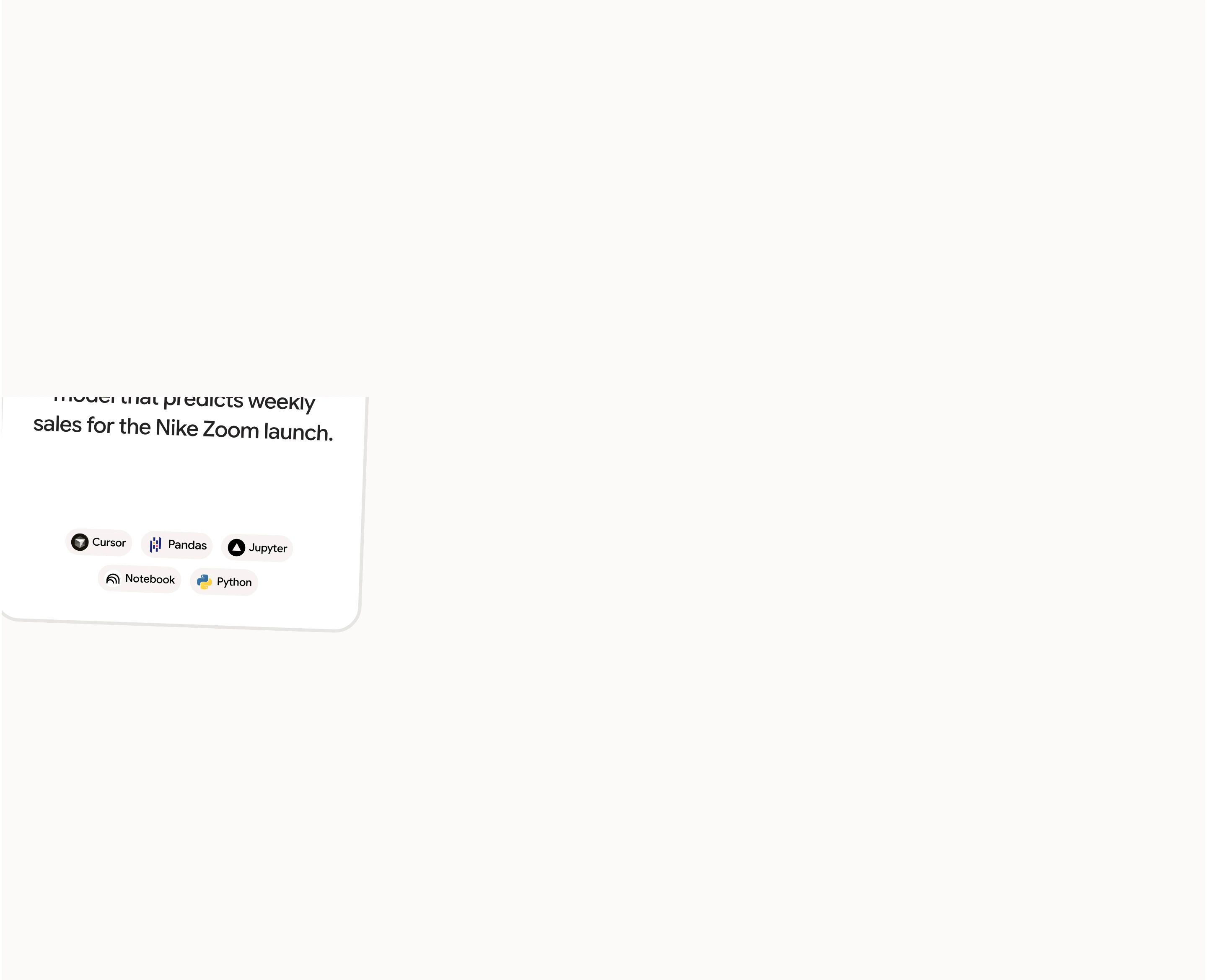Sparse, airy composition dominated by negative white space with a single rounded card previewing data science tool tags.