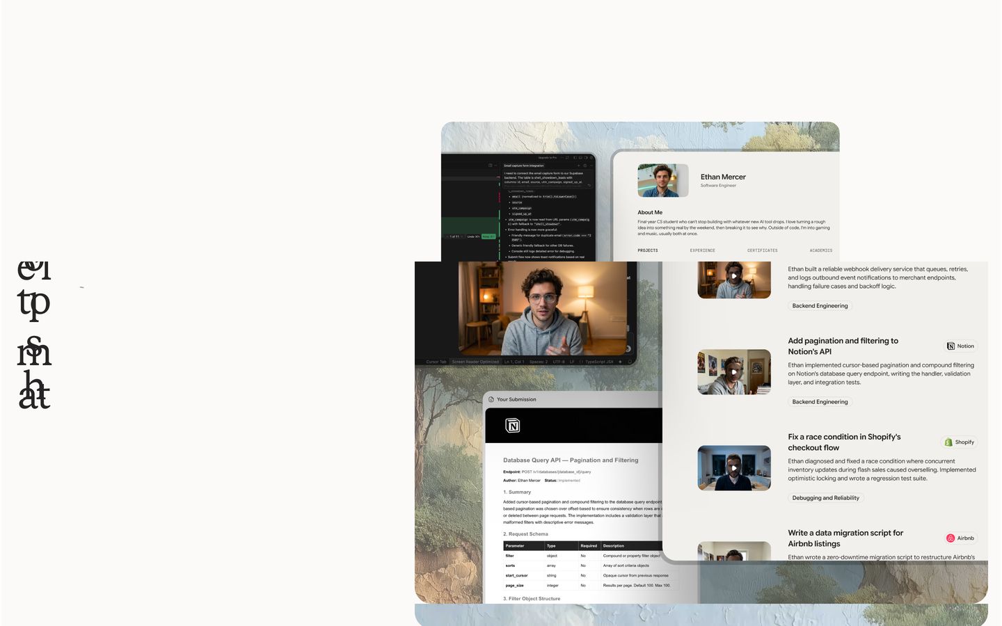 Crisp software candidate profile layered with code snippets and video evaluations floating over a subtle textured canvas.