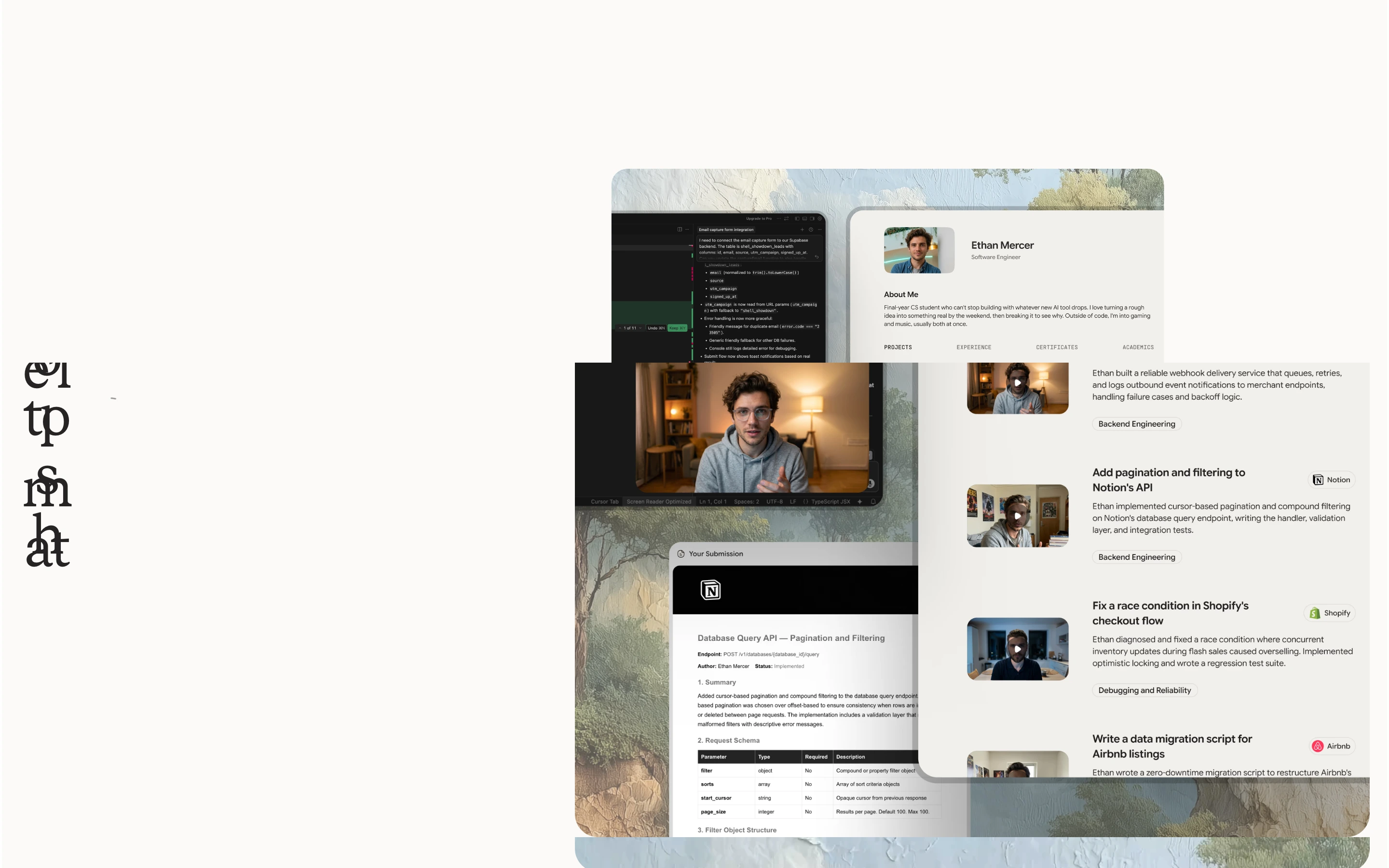 Crisp software candidate profile layered with code snippets and video evaluations floating over a subtle textured canvas.